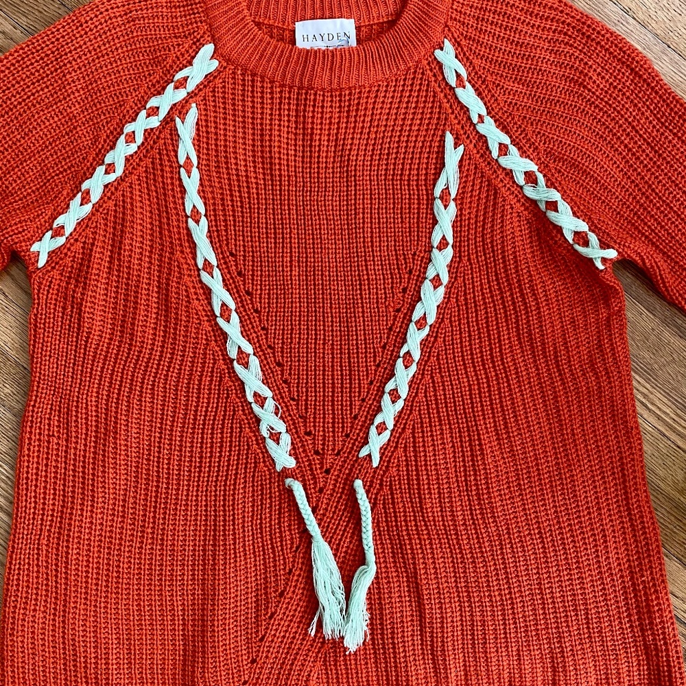 Hayden Orange Knit Sweater Boho Lace Up Detail Crewneck Pullover - Picture 4 of 10